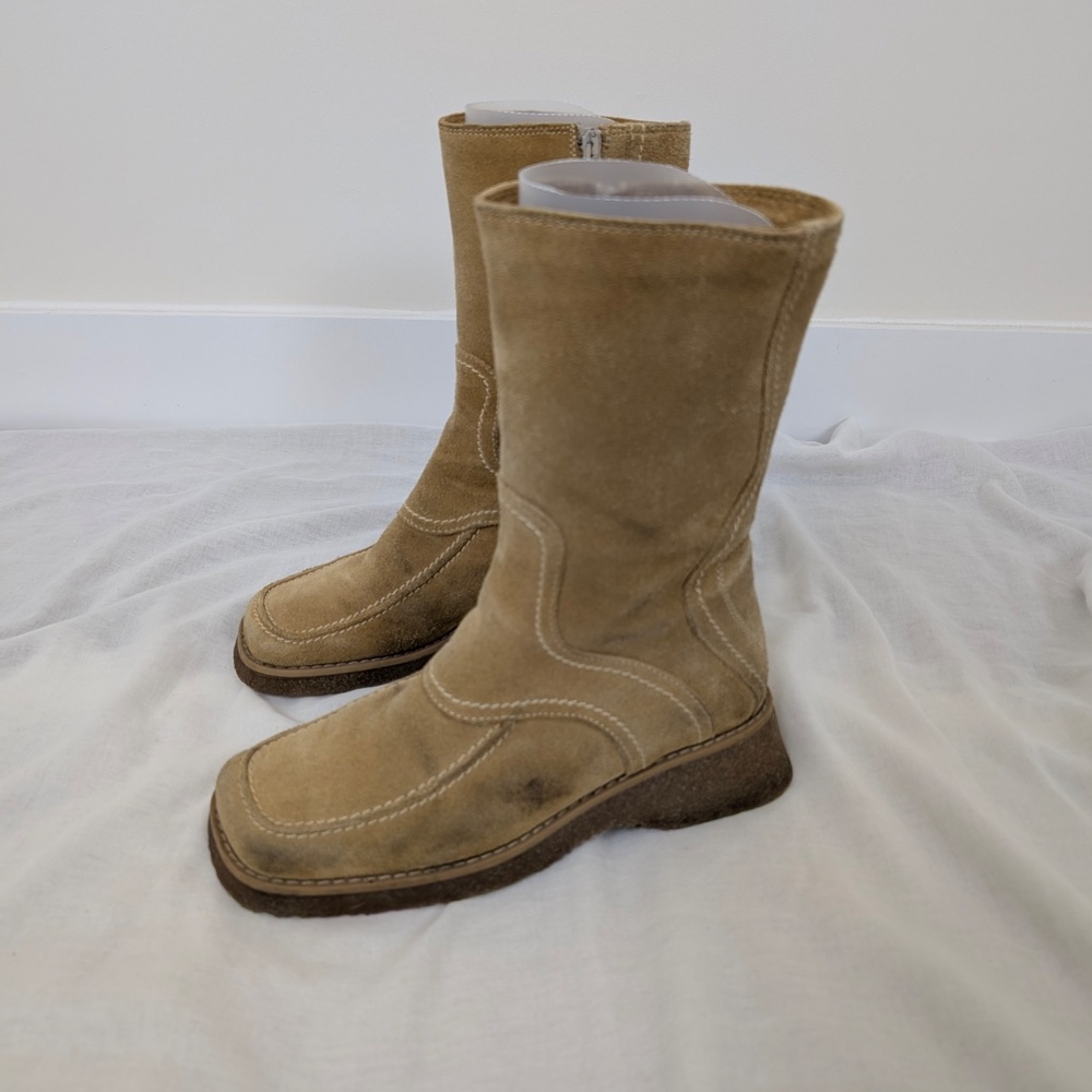 Suede Boots Wedges Calf Height Size 7.5 Square Toe - Picture 13 of 14